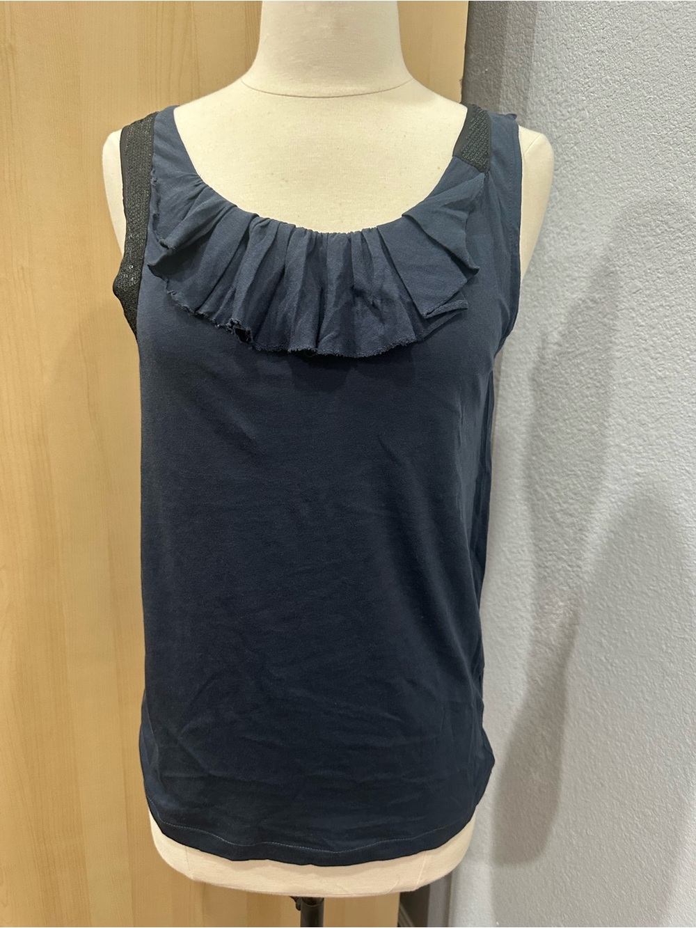 J.Crew navy blue beaded tank top ruffled neckline and embellished strap Sz S NWT